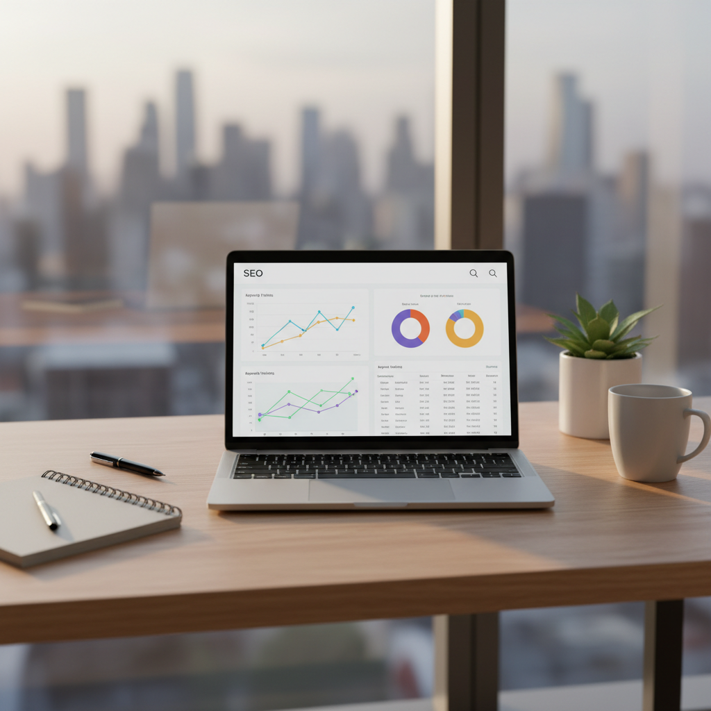 A sleek, modern home office desk made of light oak wood holds an open laptop displaying a clean analytics dashboard with rising SEO graphs, colorful traffic charts, and keyword rankings. Surrounding the laptop are a neatly arranged notebook, a fine-tip black pen, and a minimalist ceramic mug beside a small green plant in a matte white pot. The desk sits near a large window overlooking a softly blurred cityscape. Late afternoon natural light pours in, creating subtle reflections on the laptop screen and gentle shadows on the desk surface. Photographic realism, shot from a slightly elevated eye-level angle with shallow depth of field, crisp focus on the laptop and workspace, and a calm, professional atmosphere that feels organized, productive, and optimized for focused blogging and SEO work.